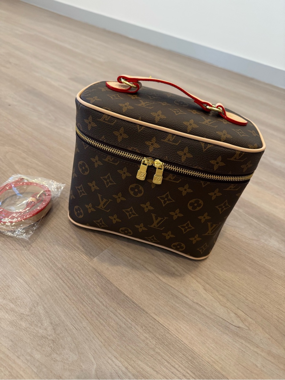 Source unknown Brown Monogram Vanity Case with Red Trim